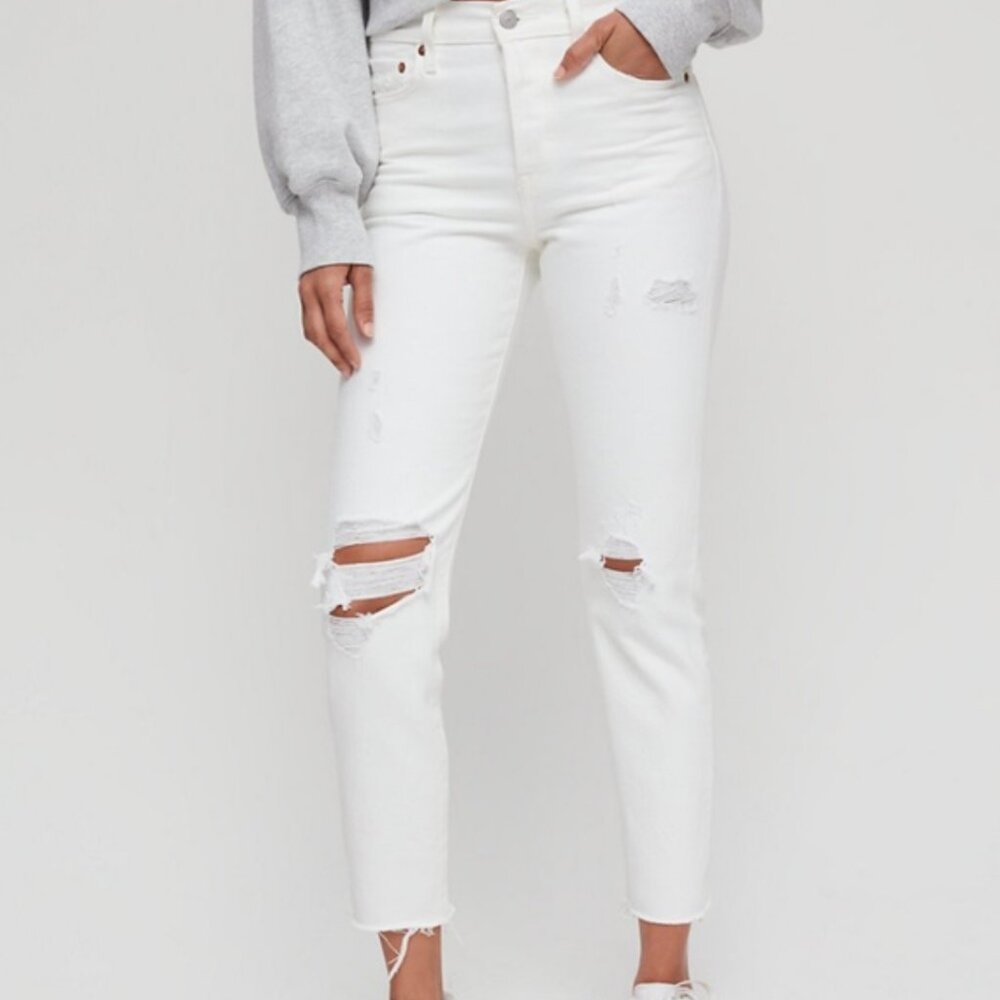 Levi’s Wedgie Straight White Distressed High Waist Jeans (size: 25)